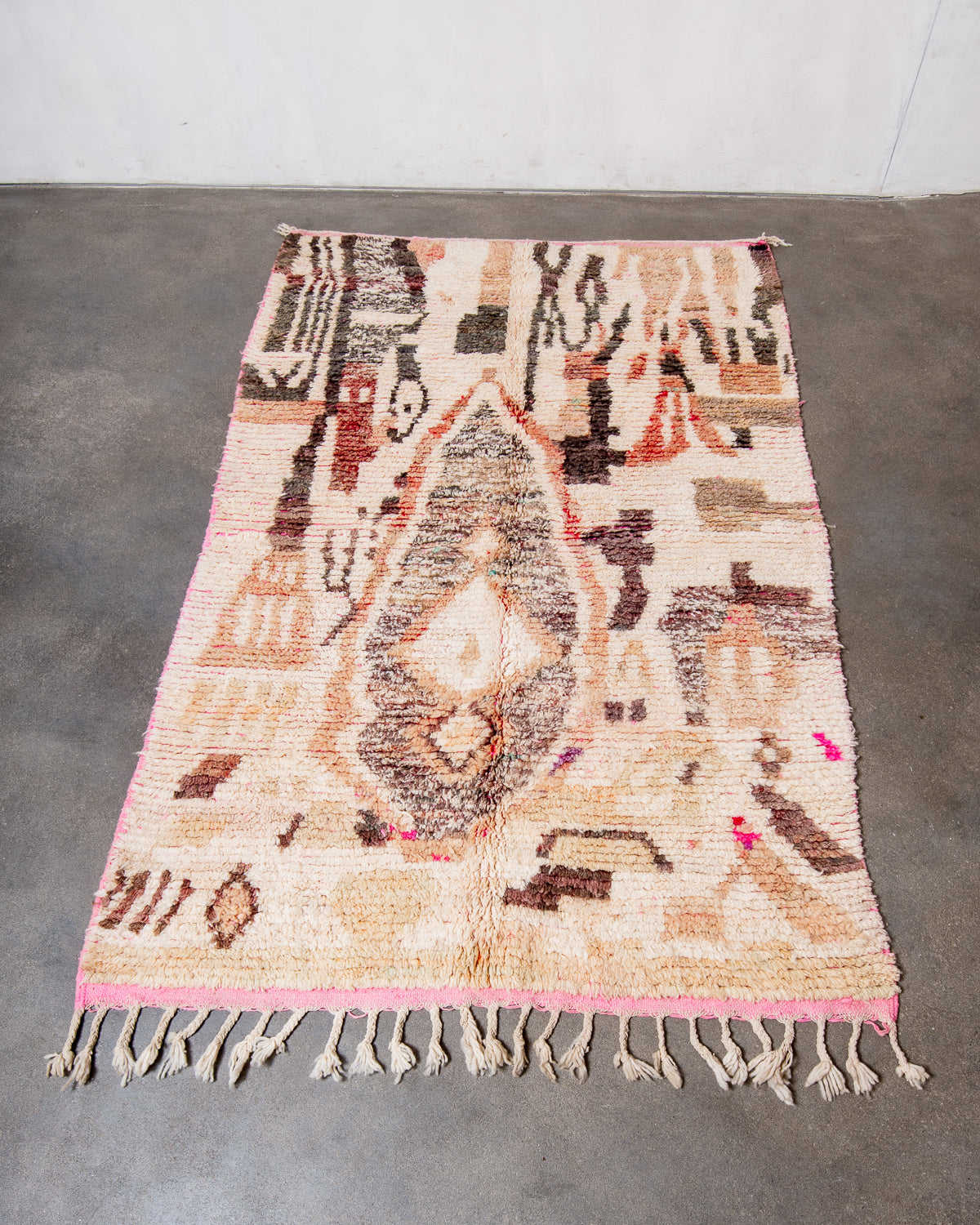 Modern, designer, handcrafted Berber rug from Morocco. Vintage carpet with beautiful colours and patterns and fluffy texture.